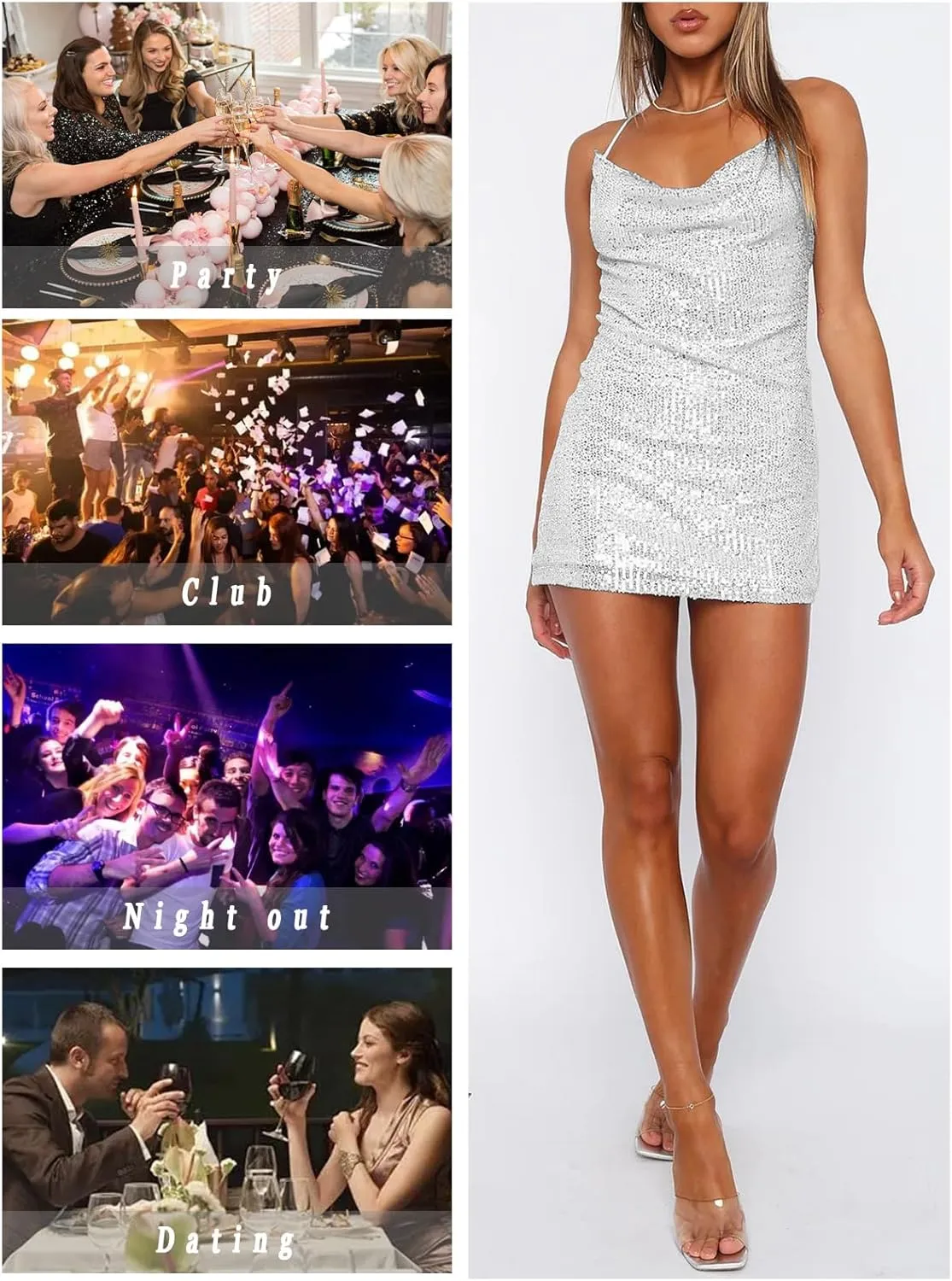 Women's Sequin Sparkly Glitter Dress Sexy Sleeveless Backless Spaghetti Strap Party Club Bodycon Mini Dress