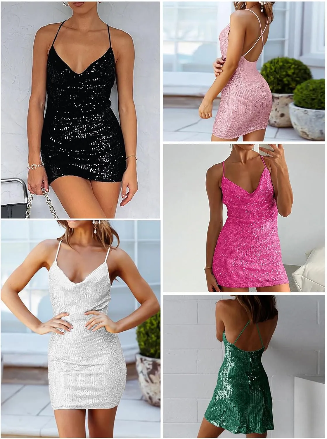 Women's Sequin Sparkly Glitter Dress Sexy Sleeveless Backless Spaghetti Strap Party Club Bodycon Mini Dress
