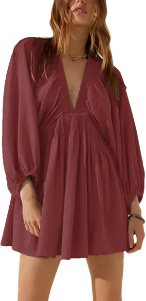 Women's Sexy Long Sleeve V Neck Tunic Dress Casual Loose Flowy Mini Swing Shift Dresses