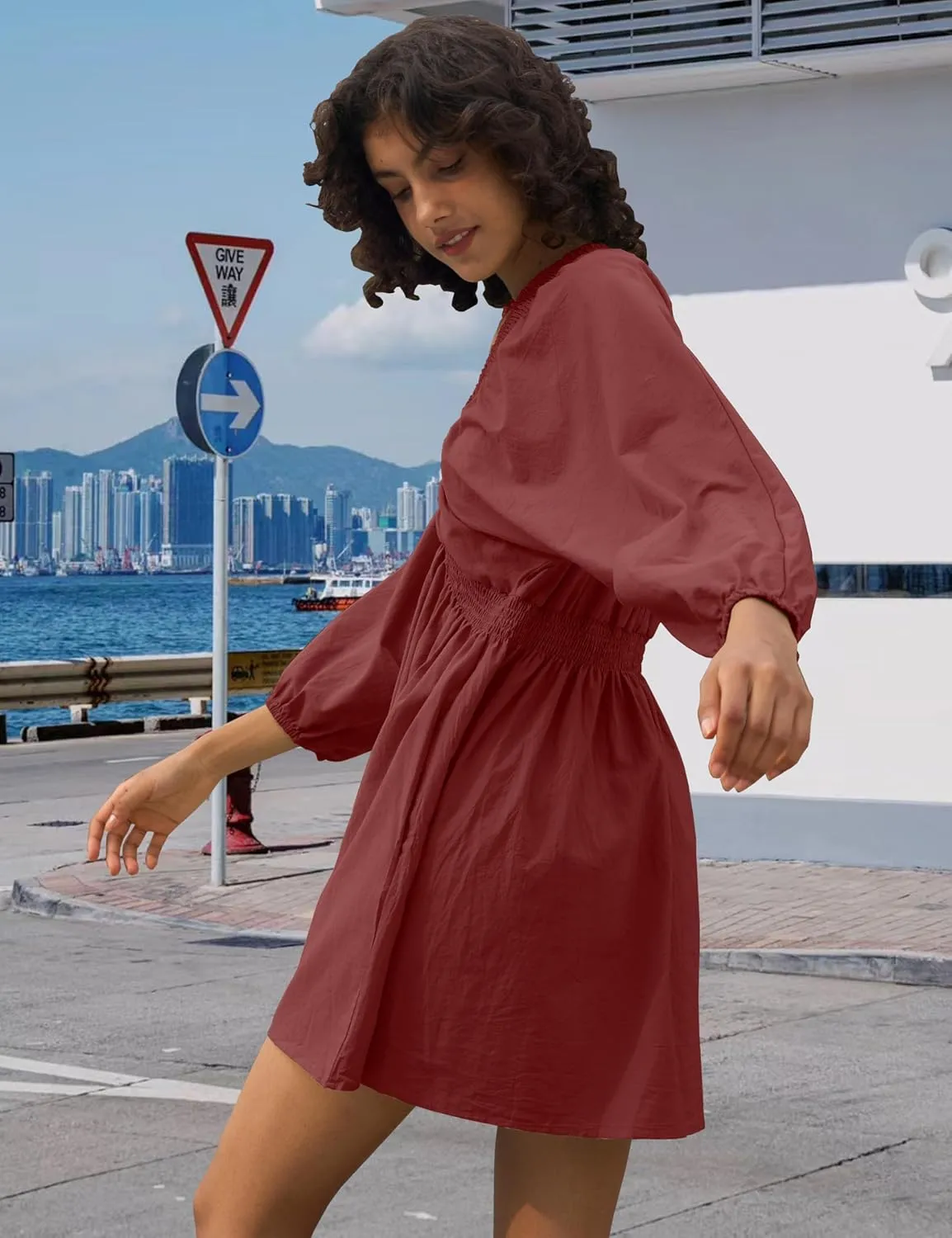 Women's Sexy Long Sleeve V Neck Tunic Dress Casual Loose Flowy Mini Swing Shift Dresses
