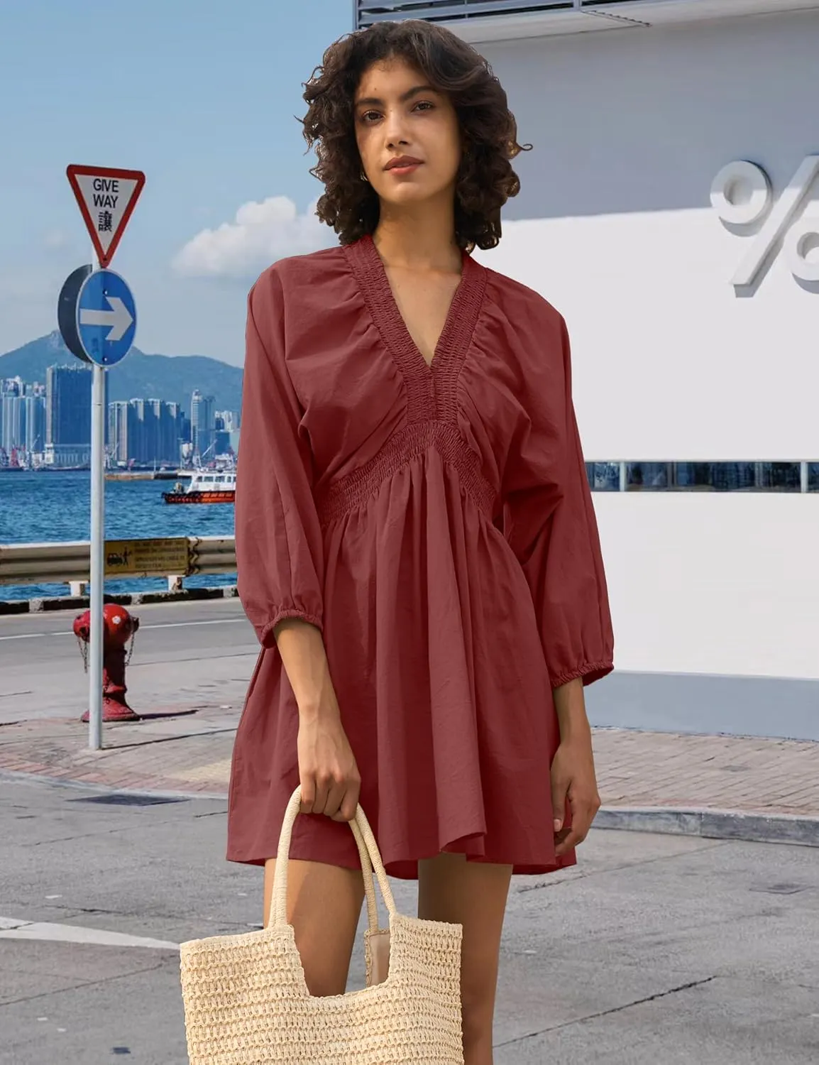 Women's Sexy Long Sleeve V Neck Tunic Dress Casual Loose Flowy Mini Swing Shift Dresses