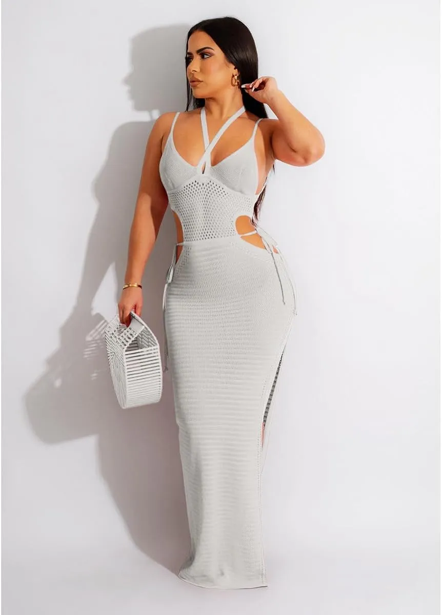 Women's Sexy Sleeveless Transparent Camisole Dress, Charming lace Backless Outfit, Tassel Knit Dress, Nightclub bar