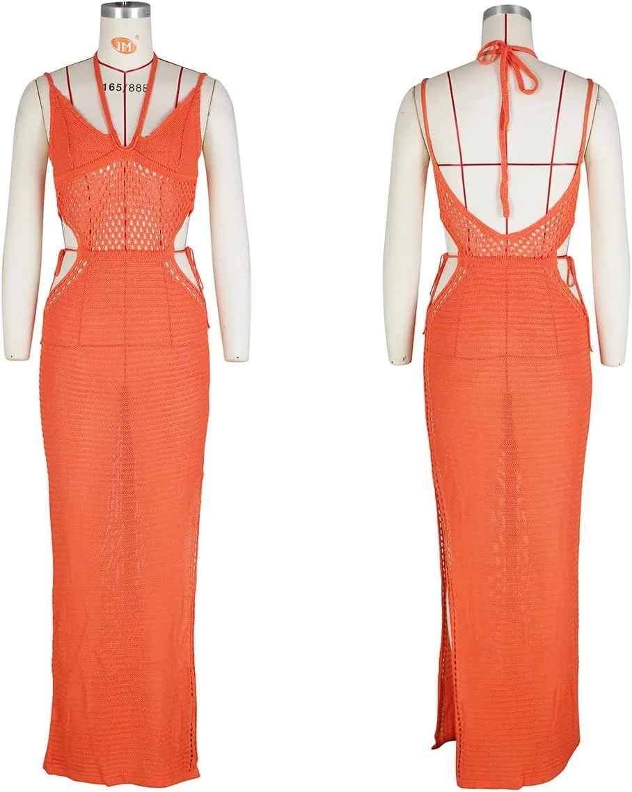 Women's Sexy Sleeveless Transparent Camisole Dress, Charming lace Backless Outfit, Tassel Knit Dress, Nightclub bar