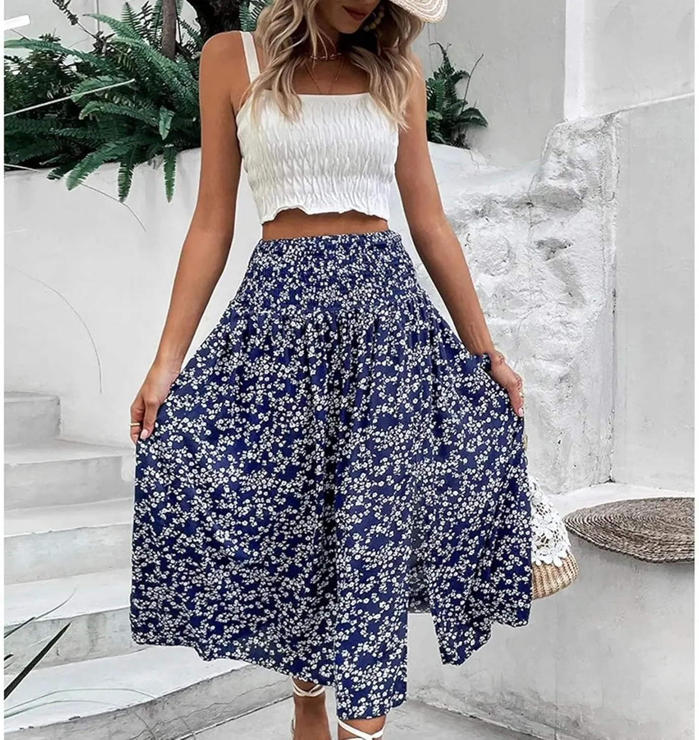 Women's Side Slit Midi Floral Skirt Summer High Waist Elastic Casual Skirt