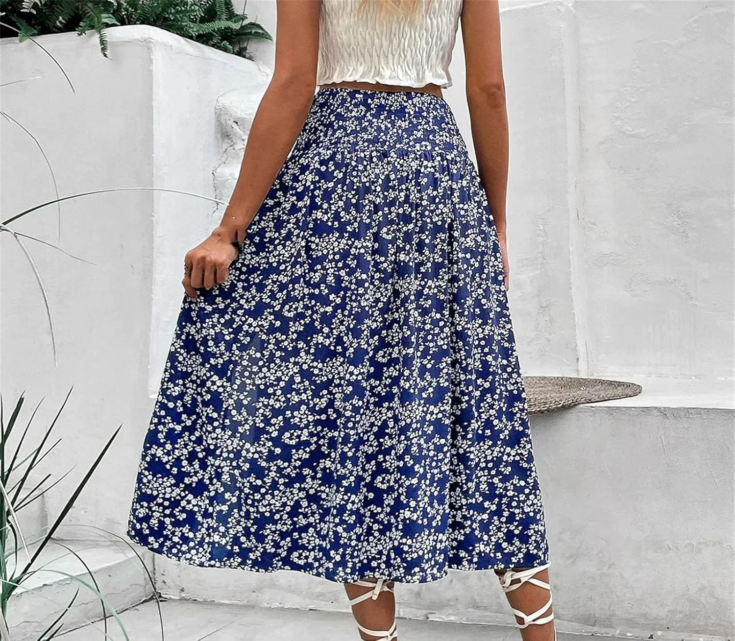 Women's Side Slit Midi Floral Skirt Summer High Waist Elastic Casual Skirt