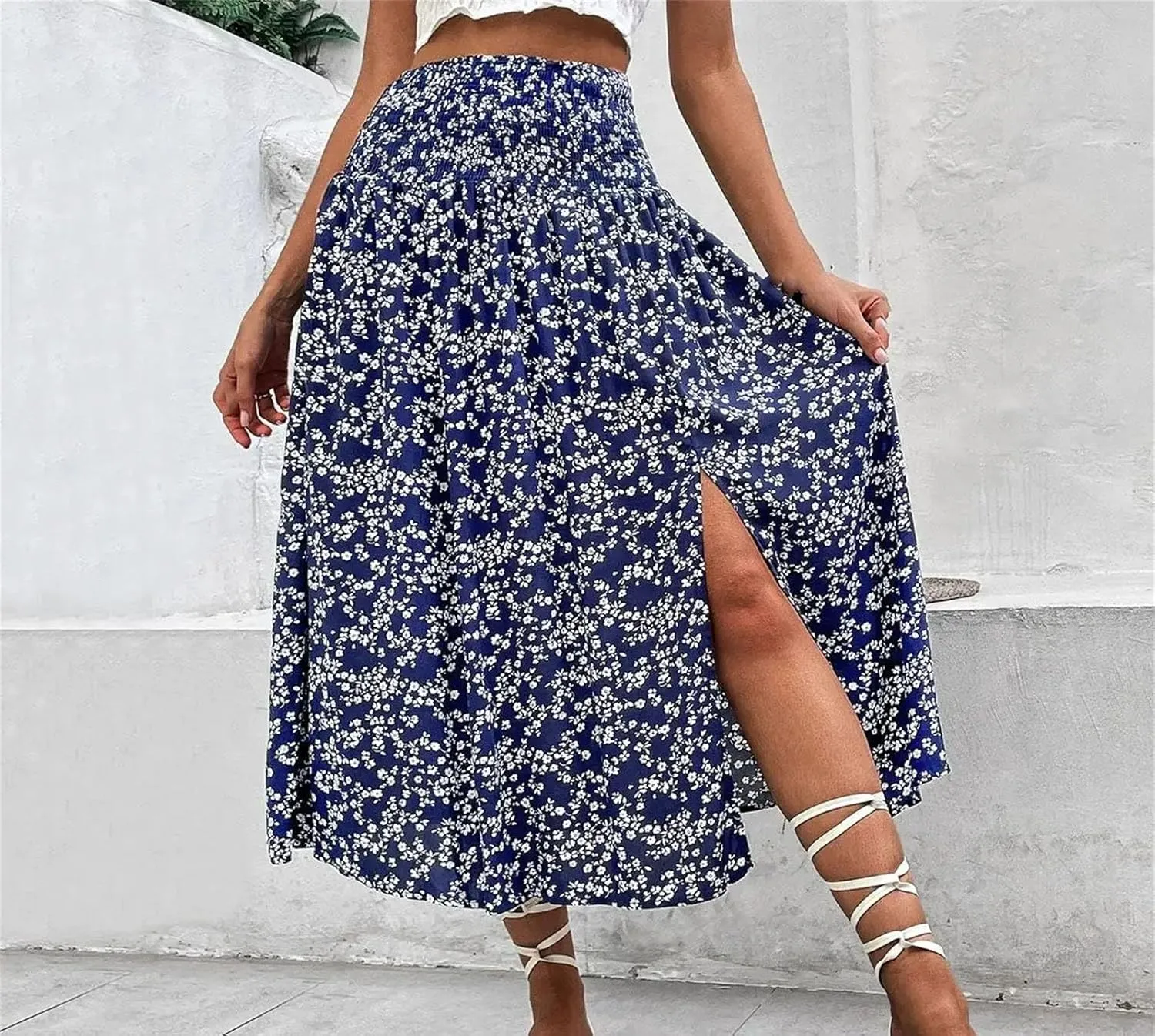 Women's Side Slit Midi Floral Skirt Summer High Waist Elastic Casual Skirt