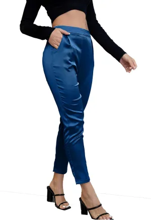 Women's Silky Satin Wedding Dressy Casual Elastic Waist Pants Party Club Wear Trousers