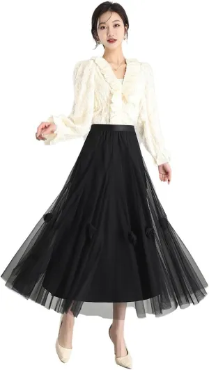Womens Skirt Floral Mesh High Waist A-Line Spring Summer Skirt