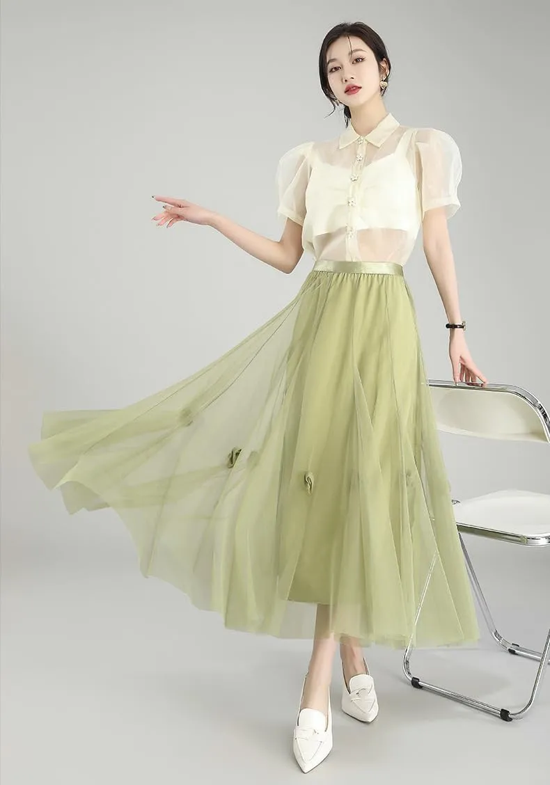 Womens Skirt Floral Mesh High Waist A-Line Spring Summer Skirt