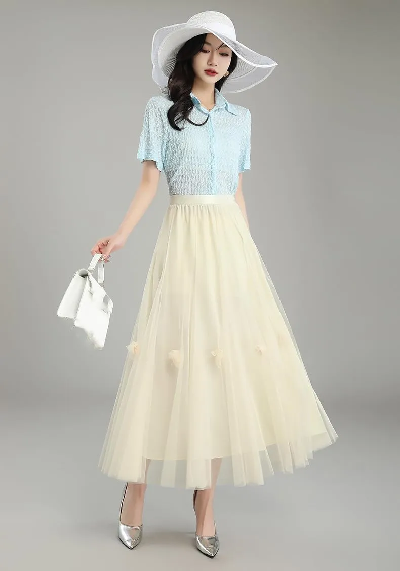 Womens Skirt Floral Mesh High Waist A-Line Spring Summer Skirt