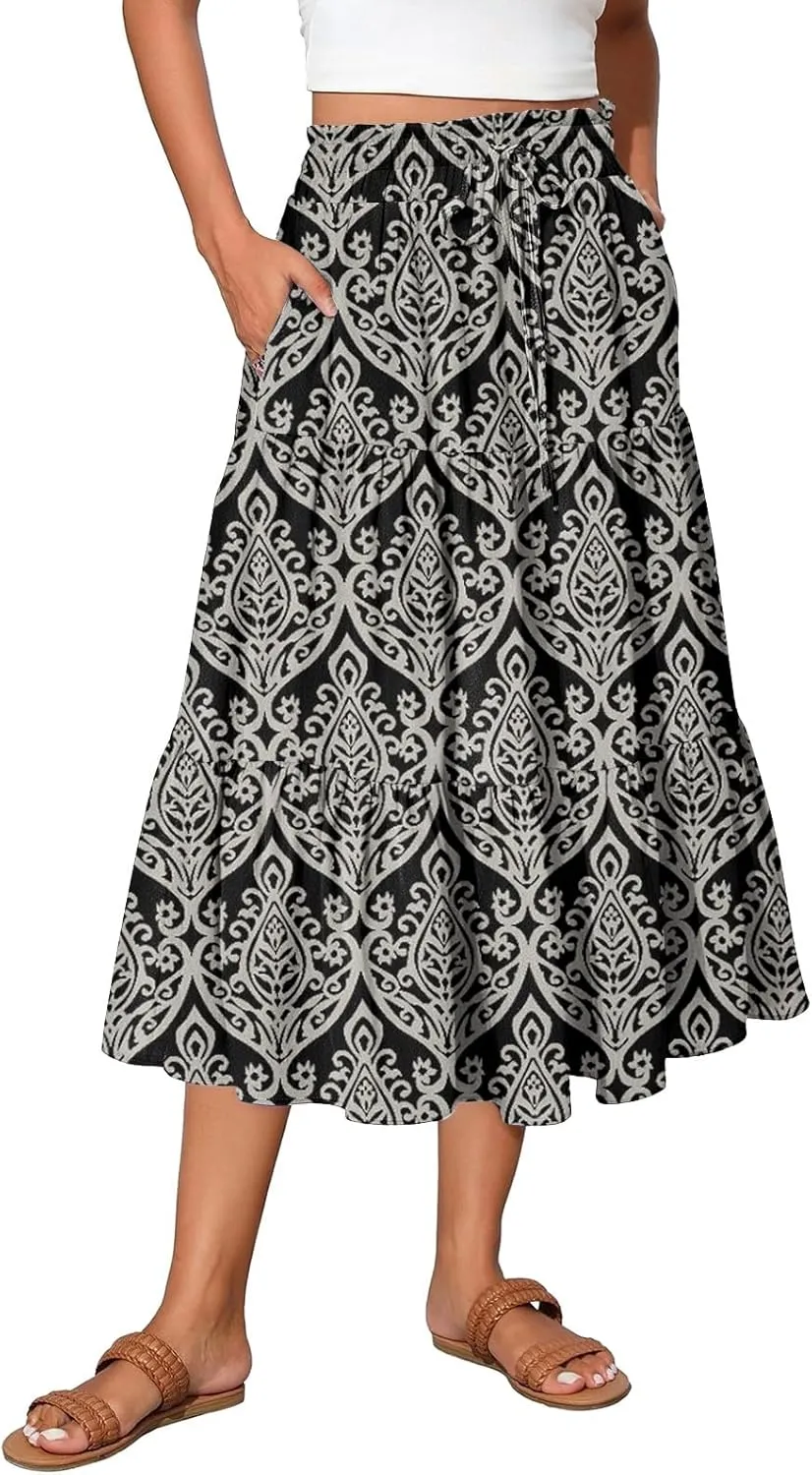 Womens Skirts Midi Length Boho Beach Vacation Flowy Floral Skirt Summer Casual Tiered High Waisted A Line Skirt