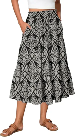 Womens Skirts Midi Length Boho Beach Vacation Flowy Floral Skirt Summer Casual Tiered High Waisted A Line Skirt