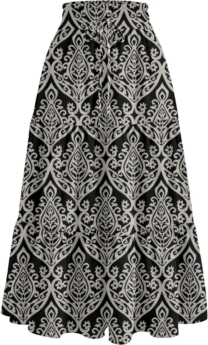 Womens Skirts Midi Length Boho Beach Vacation Flowy Floral Skirt Summer Casual Tiered High Waisted A Line Skirt