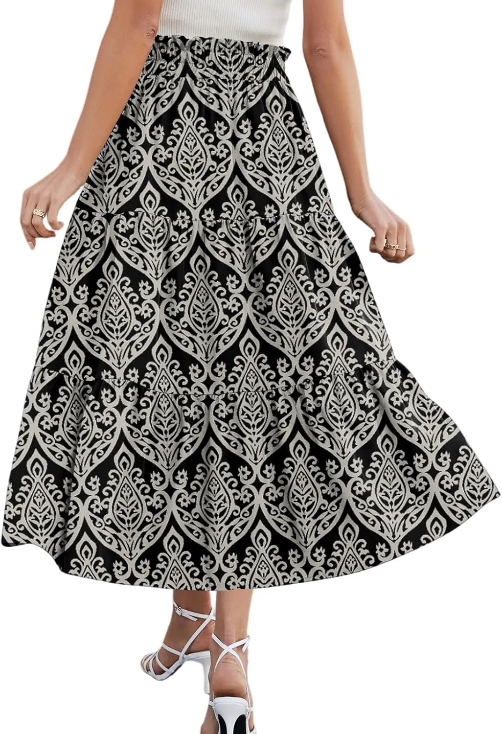 Womens Skirts Midi Length Boho Beach Vacation Flowy Floral Skirt Summer Casual Tiered High Waisted A Line Skirt