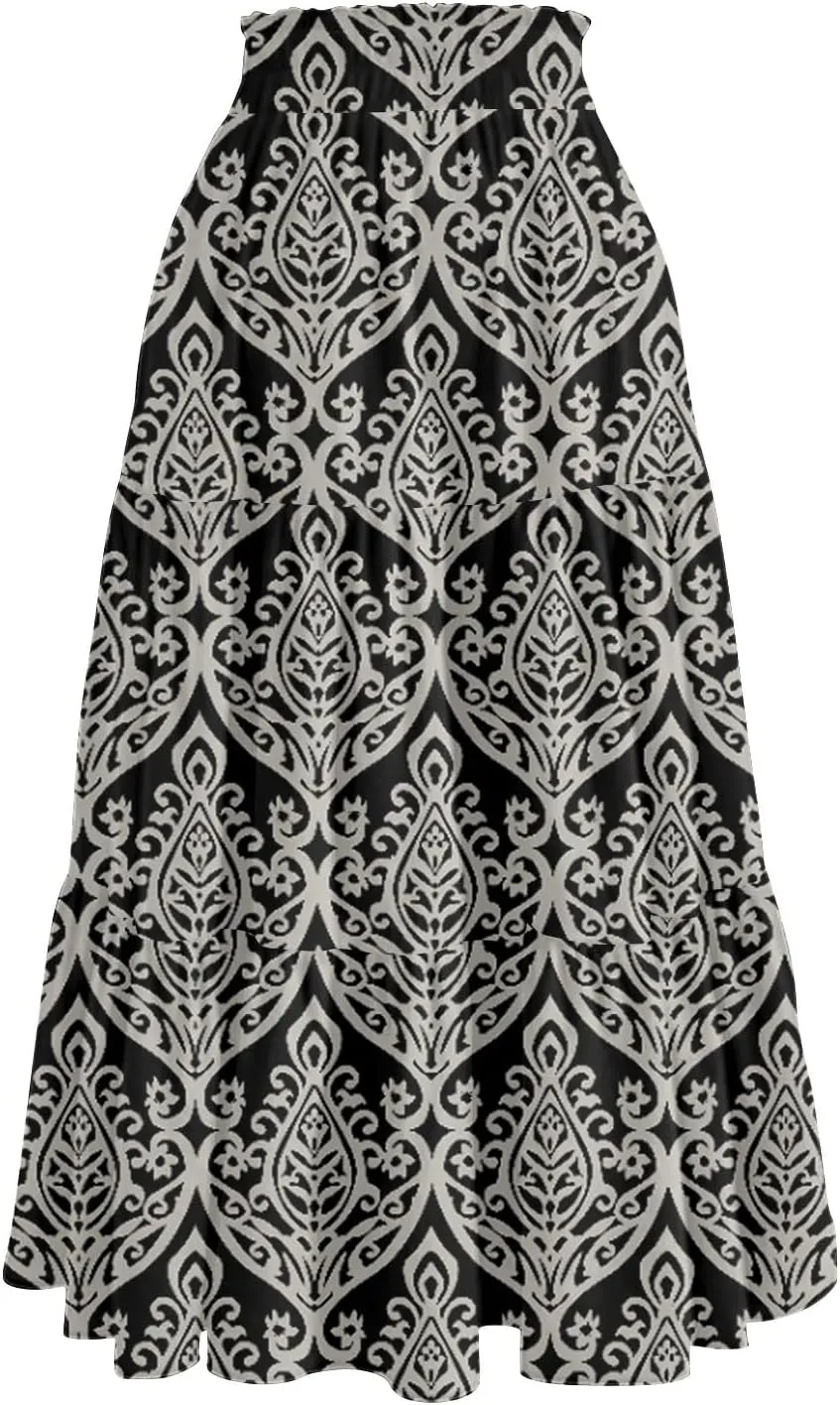 Womens Skirts Midi Length Boho Beach Vacation Flowy Floral Skirt Summer Casual Tiered High Waisted A Line Skirt