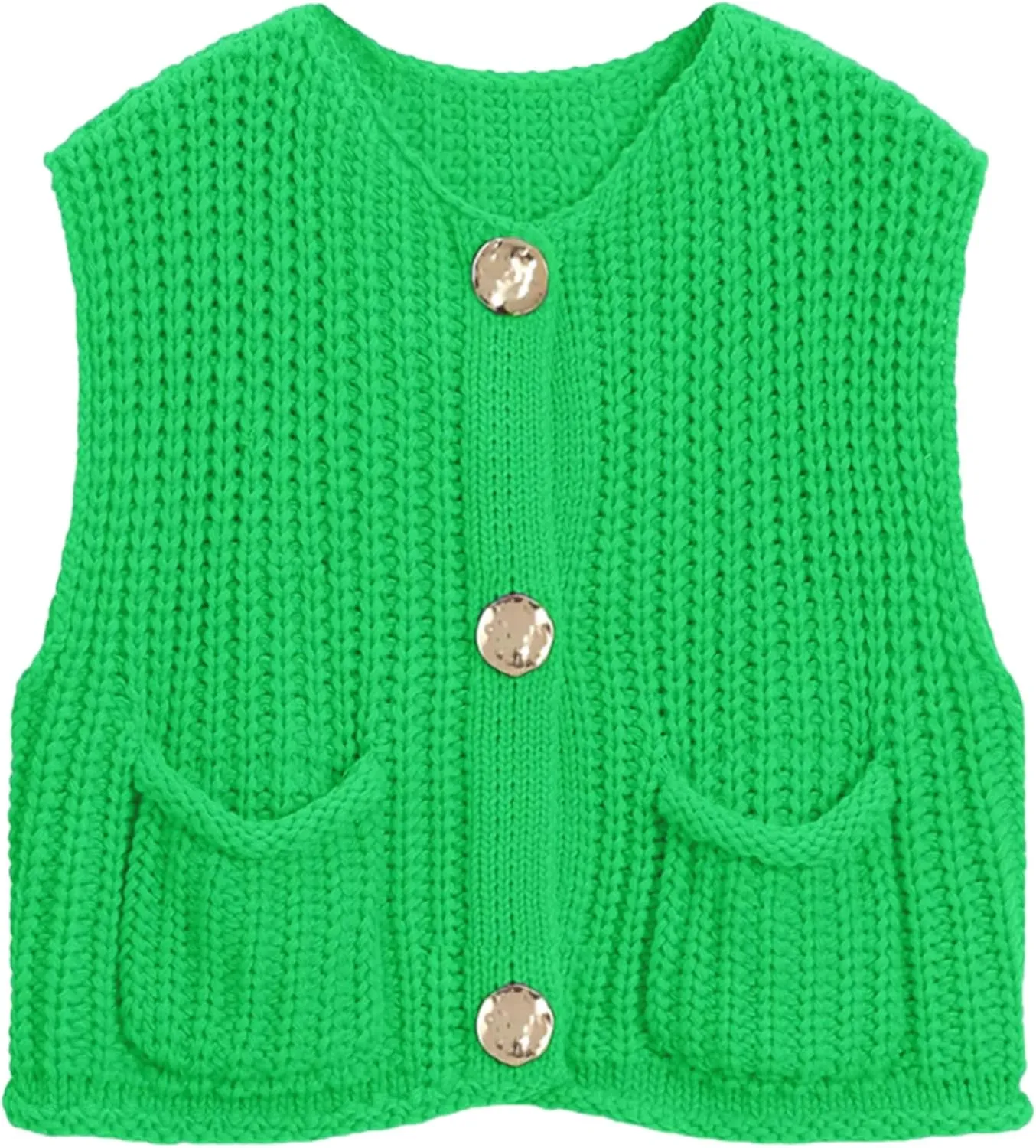 Women's Sleeveless Chunky Knit Top Casual Cropped Button Down Sweater Vest Open Front Cardigan with Pockets