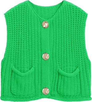 Women's Sleeveless Chunky Knit Top Casual Cropped Button Down Sweater Vest Open Front Cardigan with Pockets