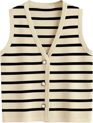 Women's Sleeveless Striped Sweater Vest Cropped Button Down Knit Vest Tops 2025 Trendy Outfits