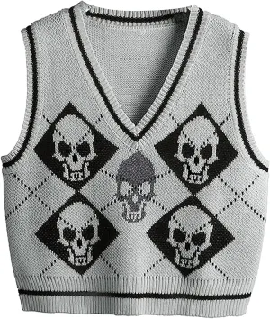 Women's Sleeveless Sweater Vest Halloween Skull Printed Knit Vest V Neck Crop Pullover Knitwear Tank Tops