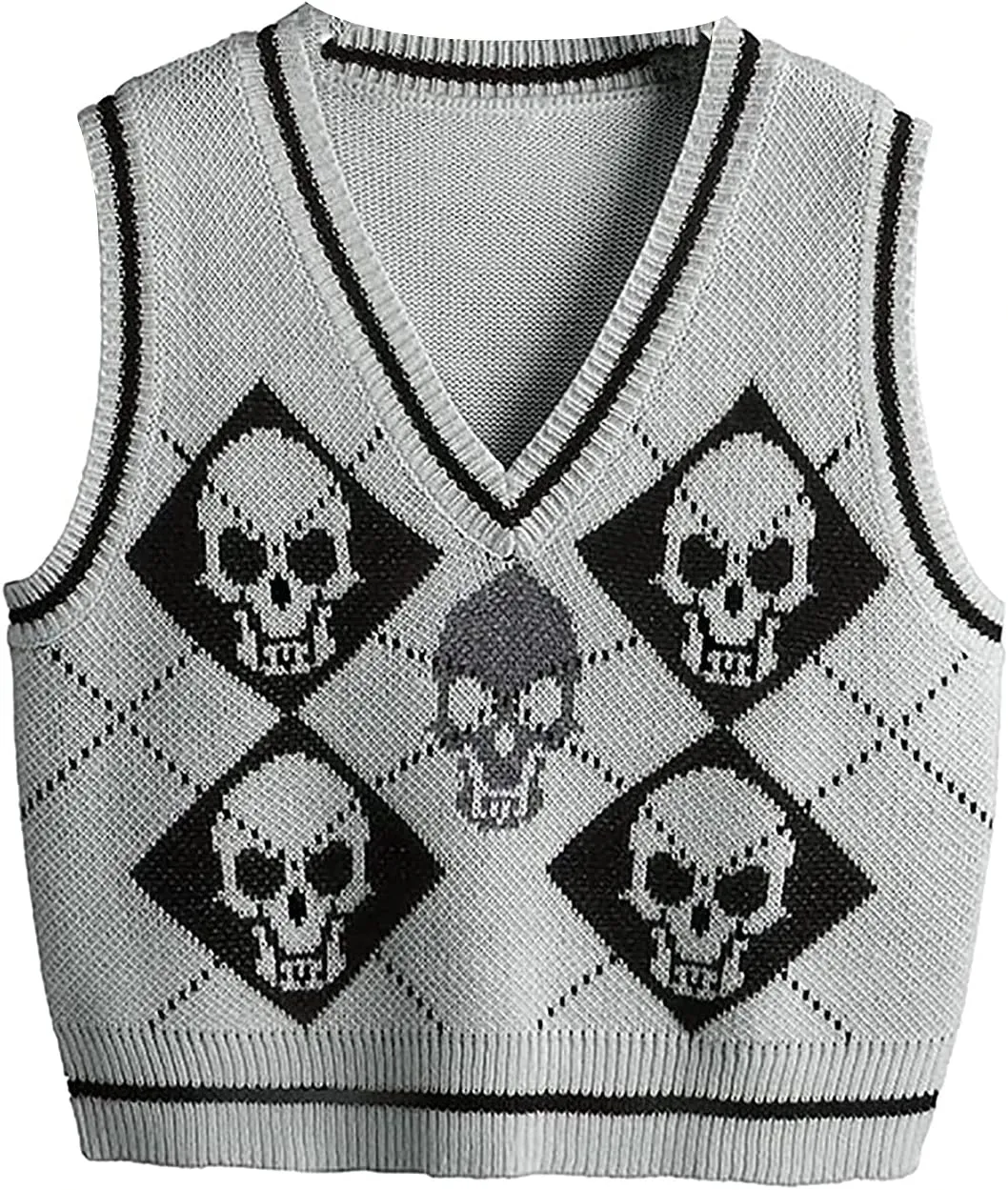 Women's Sleeveless Sweater Vest Halloween Skull Printed Knit Vest V Neck Crop Pullover Knitwear Tank Tops