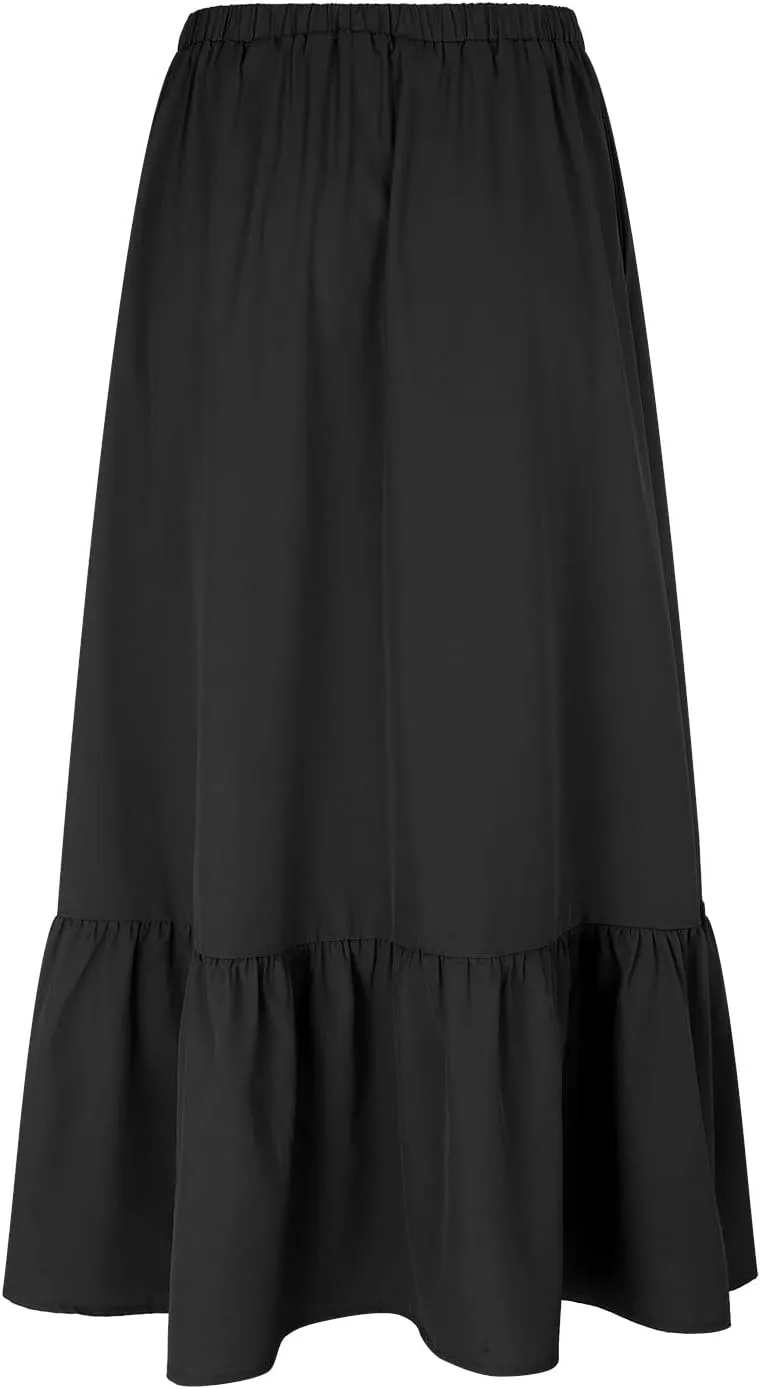 Womens Solid Color Beach Skirt Elastic High Waist Boho Maxi Skirt Summer Ruffle A Line Swing Long Skirt