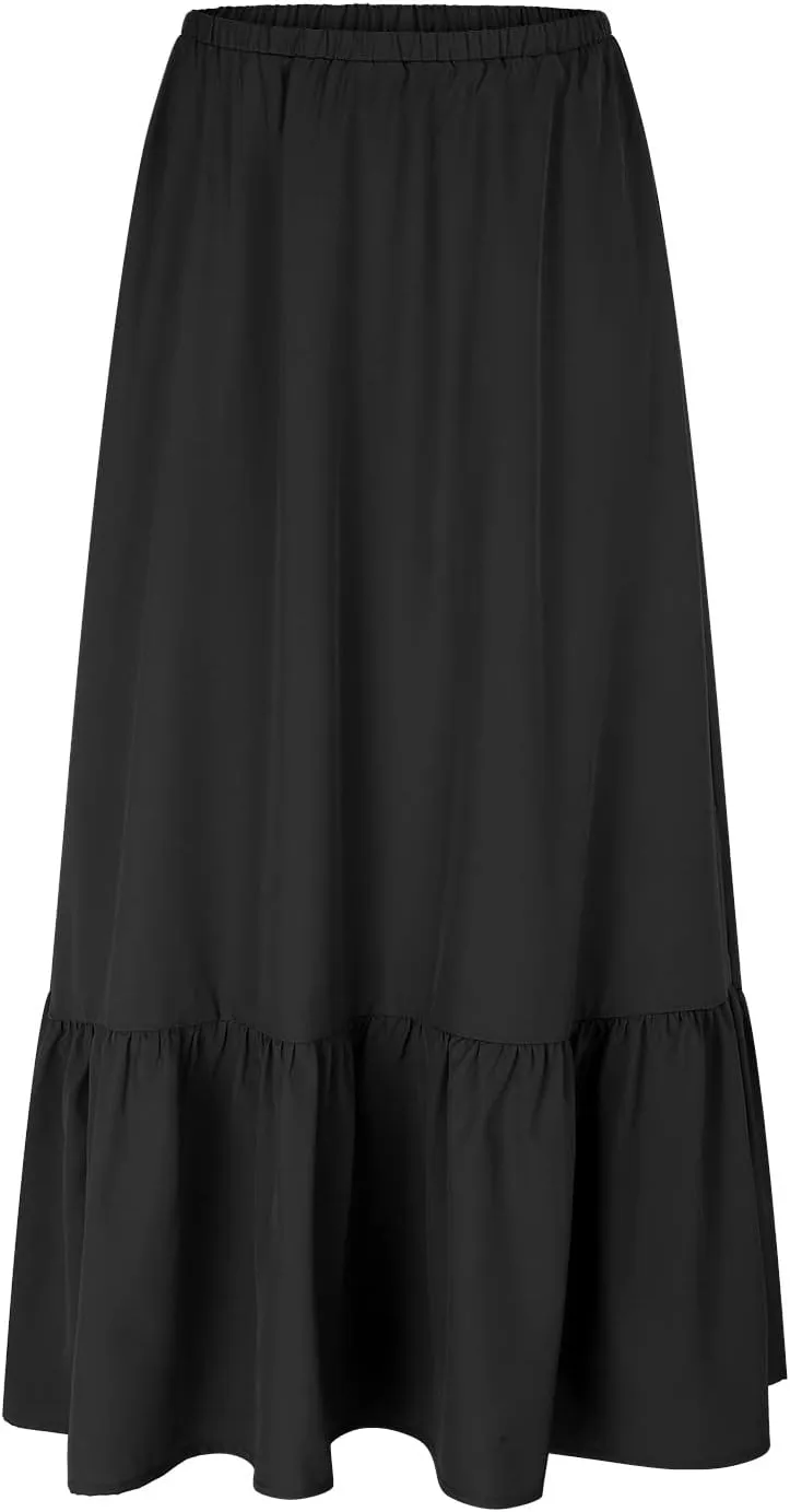 Womens Solid Color Beach Skirt Elastic High Waist Boho Maxi Skirt Summer Ruffle A Line Swing Long Skirt