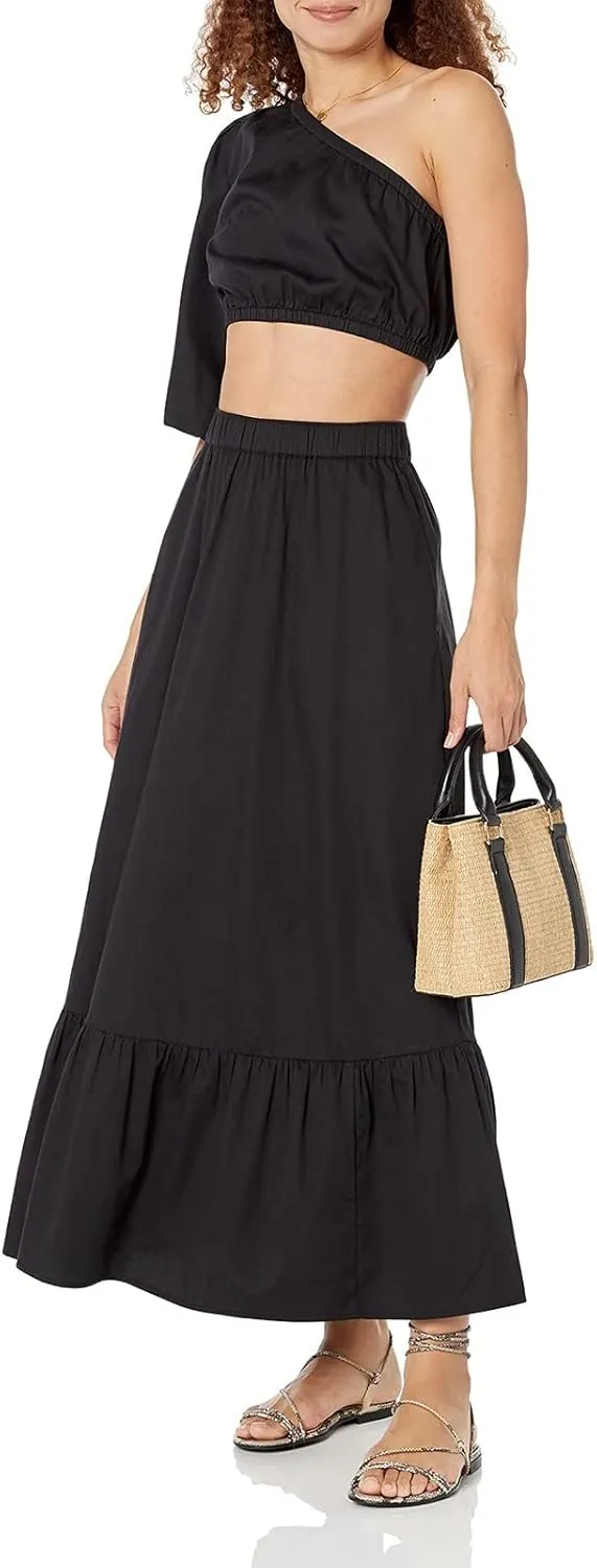 Womens Solid Color Beach Skirt Elastic High Waist Boho Maxi Skirt Summer Ruffle A Line Swing Long Skirt