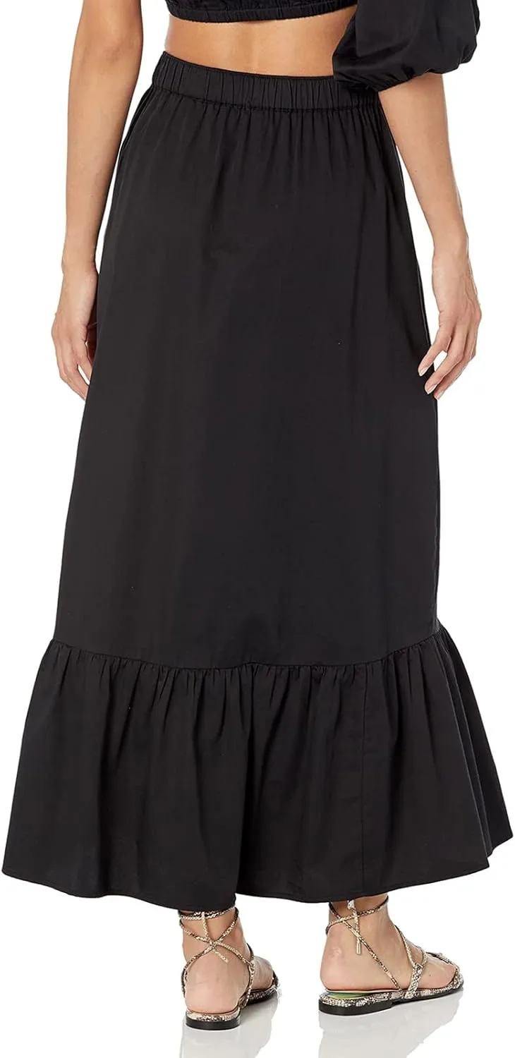 Womens Solid Color Beach Skirt Elastic High Waist Boho Maxi Skirt Summer Ruffle A Line Swing Long Skirt