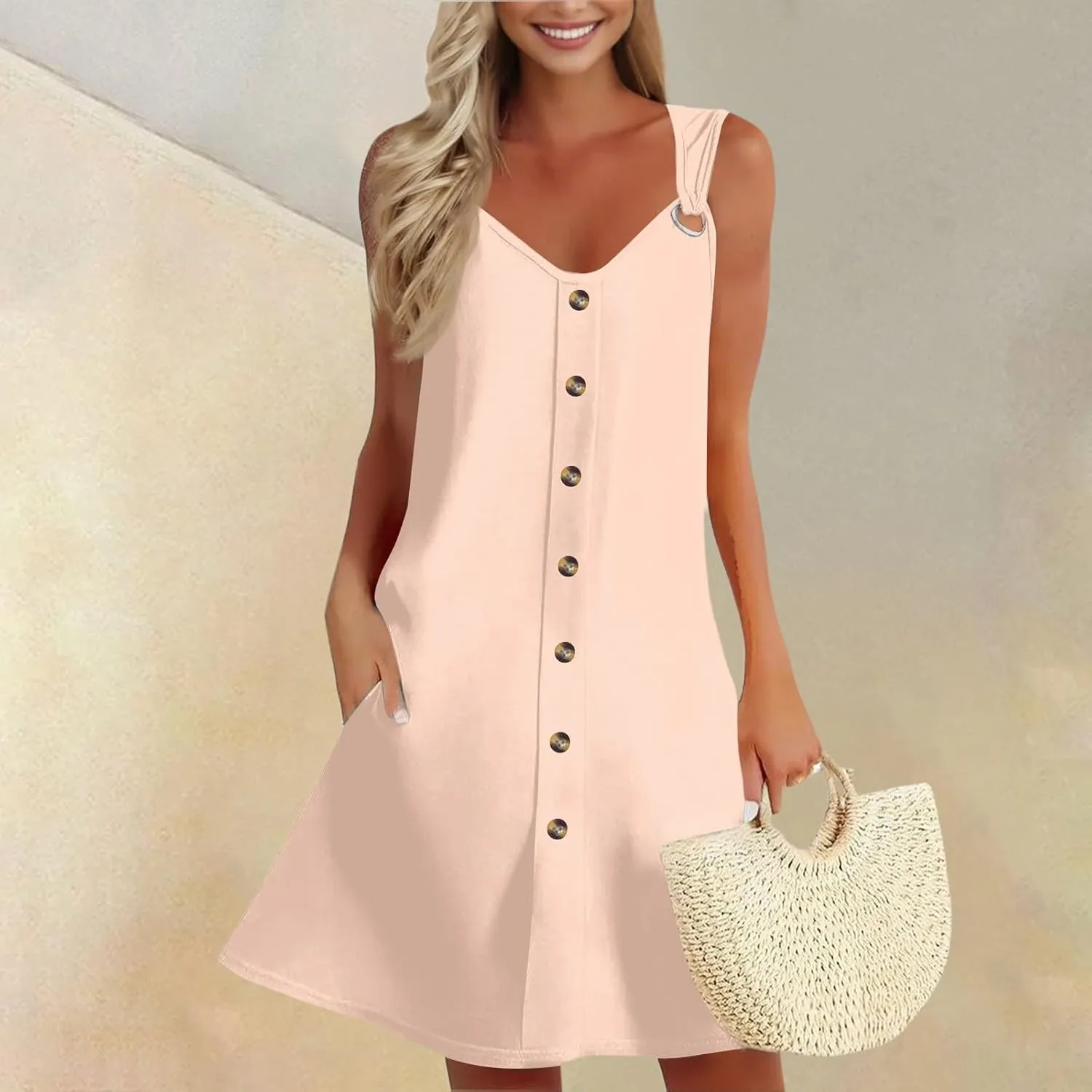 Women's Solid V Neck Button Down Sleeveless Tank Sundress with Pockets Mini Beach Dresses 2025, S-3XL