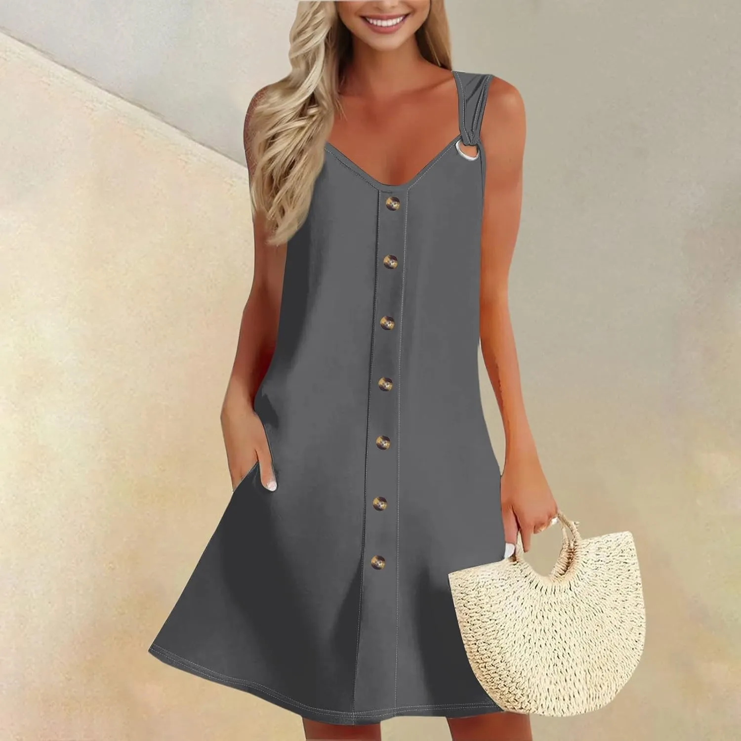 Women's Solid V Neck Button Down Sleeveless Tank Sundress with Pockets Mini Beach Dresses 2025, S-3XL