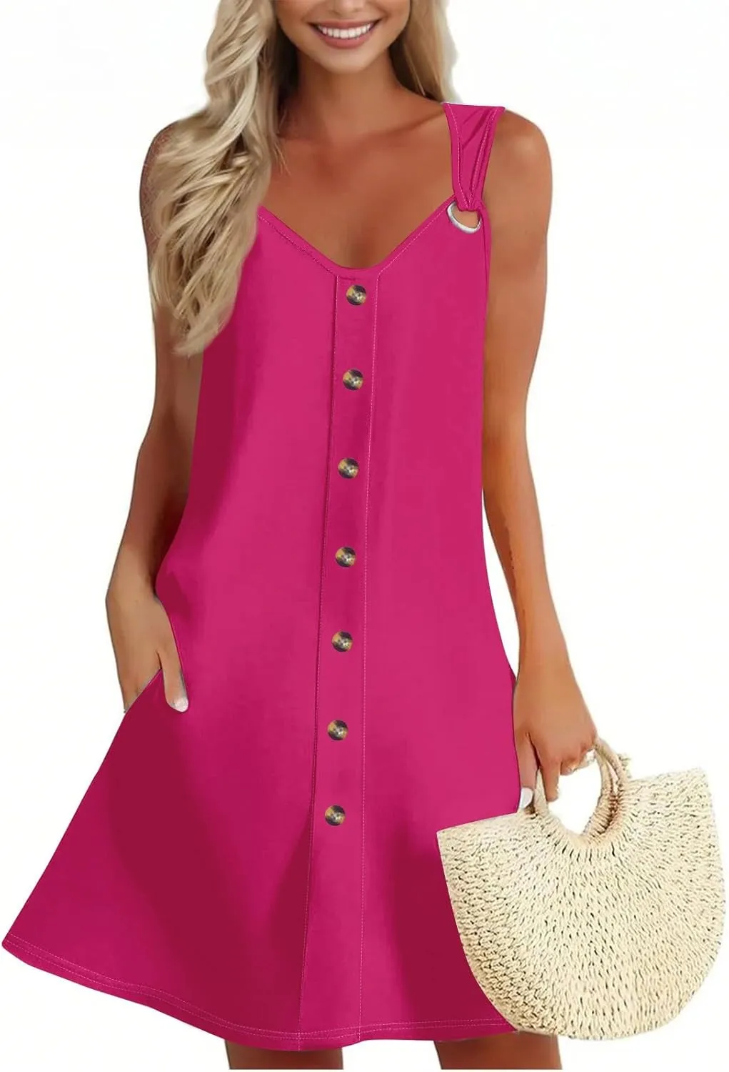 Women's Solid V Neck Button Down Sleeveless Tank Sundress with Pockets Mini Beach Dresses 2025, S-3XL
