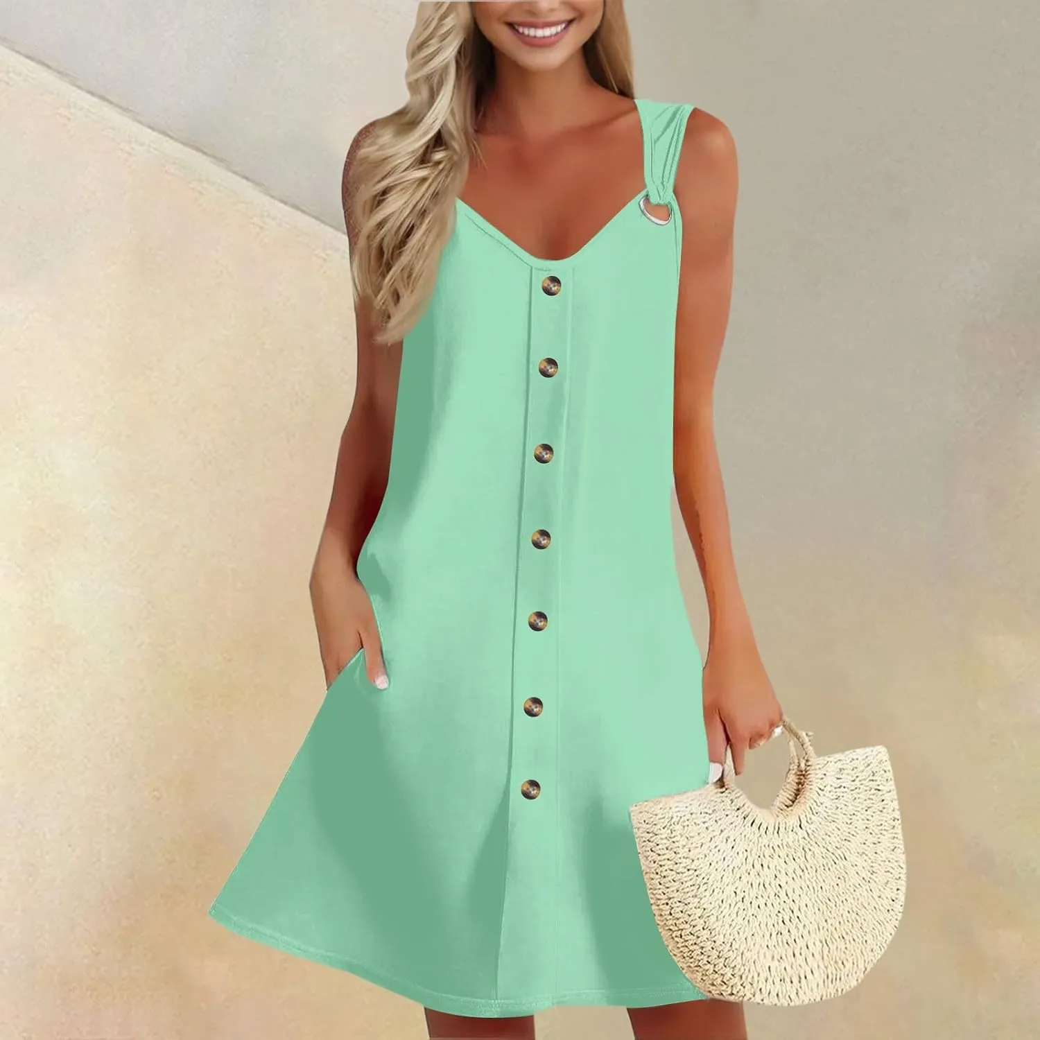 Women's Solid V Neck Button Down Sleeveless Tank Sundress with Pockets Mini Beach Dresses 2025, S-3XL
