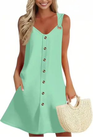 Women's Solid V Neck Button Down Sleeveless Tank Sundress with Pockets Mini Beach Dresses 2025, S-3XL