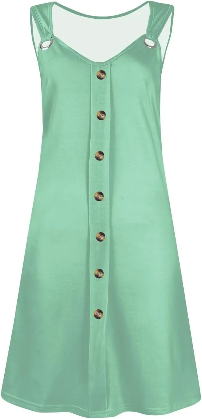 Women's Solid V Neck Button Down Sleeveless Tank Sundress with Pockets Mini Beach Dresses 2025, S-3XL