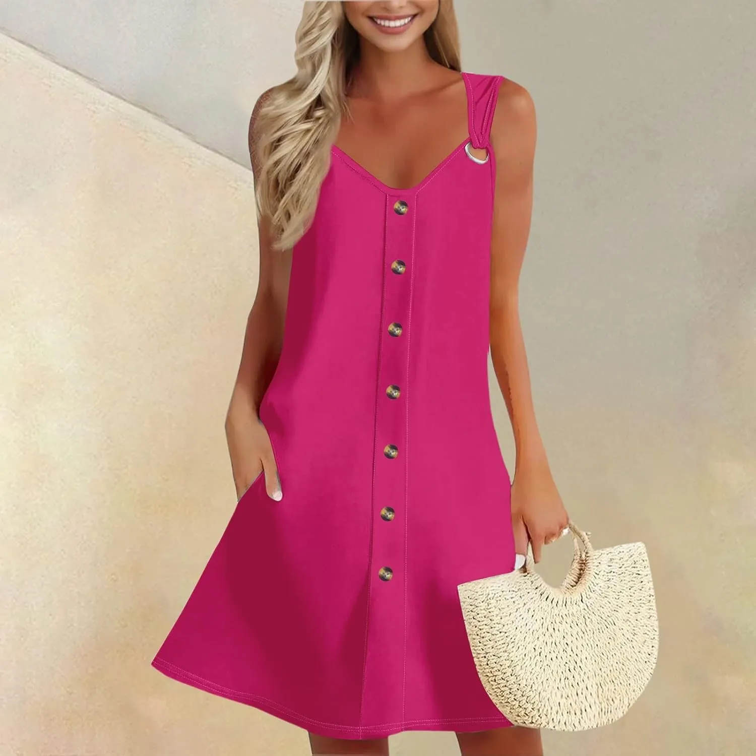 Women's Solid V Neck Button Down Sleeveless Tank Sundress with Pockets Mini Beach Dresses 2025, S-3XL