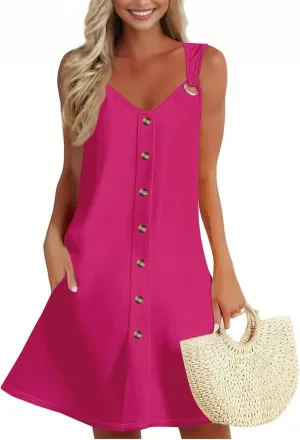 Women's Solid V Neck Button Down Sleeveless Tank Sundress with Pockets Mini Beach Dresses 2025, S-3XL