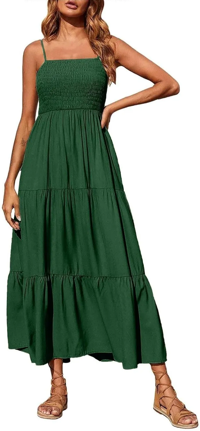 Women's Spaghetti Strap Corset A Line Tiered Swing Long Sundress Bohemian Summer Spring Dress, S-3XL