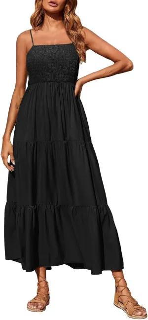 Women's Spaghetti Strap Corset A Line Tiered Swing Long Sundress Bohemian Summer Spring Dress, S-3XL