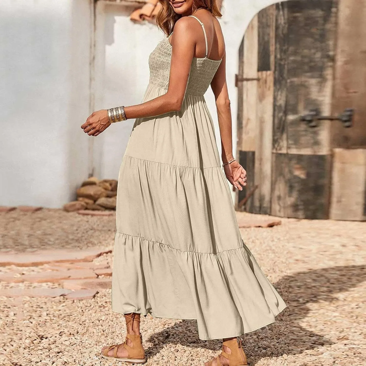 Women's Spaghetti Strap Corset A Line Tiered Swing Long Sundress Bohemian Summer Spring Dress, S-3XL