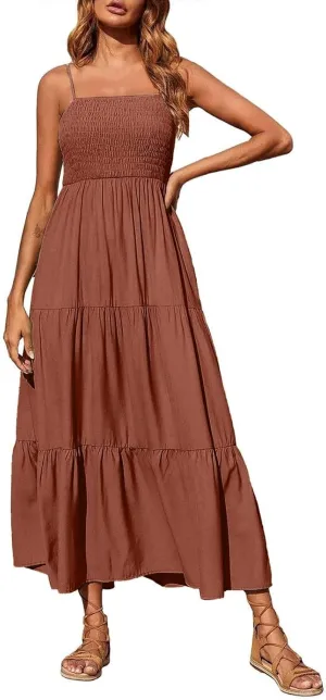 Women's Spaghetti Strap Corset A Line Tiered Swing Long Sundress Bohemian Summer Spring Dress, S-3XL