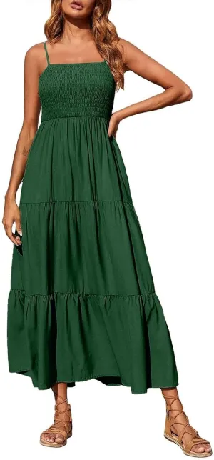 Women's Spaghetti Strap Corset A Line Tiered Swing Long Sundress Bohemian Summer Spring Dress, S-3XL