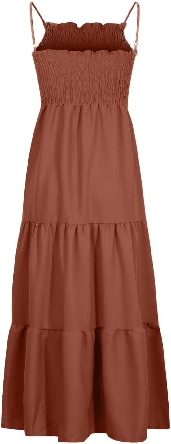 Women's Spaghetti Strap Corset A Line Tiered Swing Long Sundress Bohemian Summer Spring Dress, S-3XL