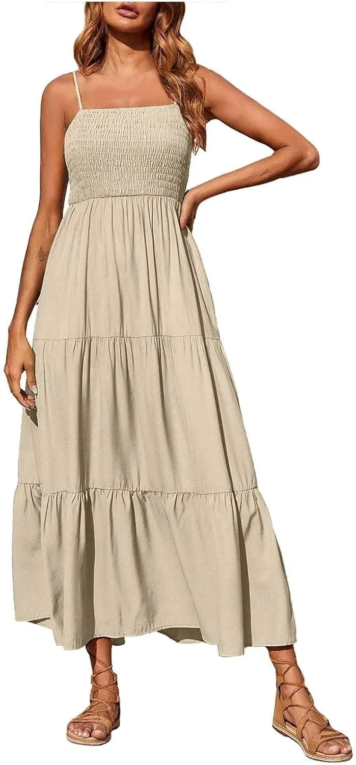 Women's Spaghetti Strap Corset A Line Tiered Swing Long Sundress Bohemian Summer Spring Dress, S-3XL