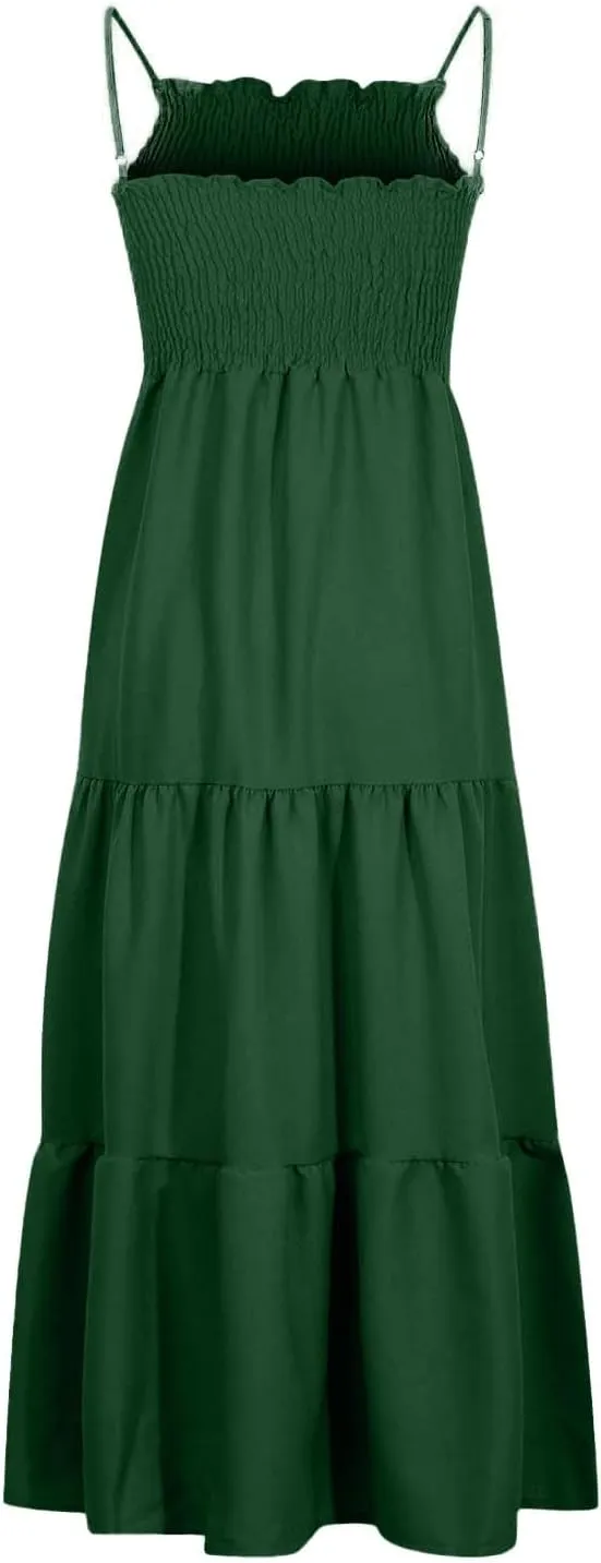 Women's Spaghetti Strap Corset A Line Tiered Swing Long Sundress Bohemian Summer Spring Dress, S-3XL