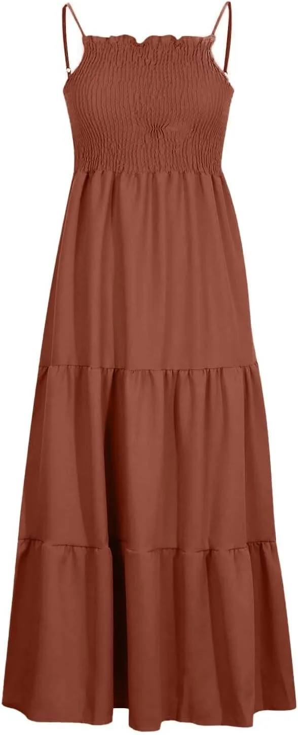 Women's Spaghetti Strap Corset A Line Tiered Swing Long Sundress Bohemian Summer Spring Dress, S-3XL