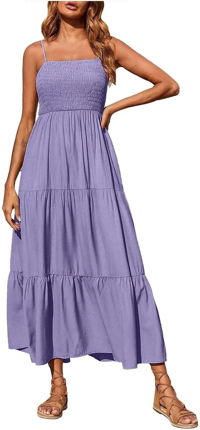 Women's Spaghetti Strap Corset A Line Tiered Swing Long Sundress Bohemian Summer Spring Dress, S-3XL