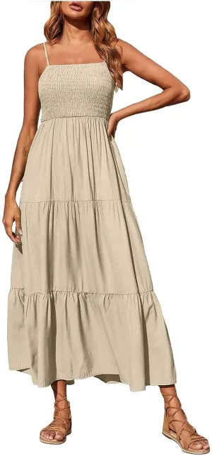 Women's Spaghetti Strap Corset A Line Tiered Swing Long Sundress Bohemian Summer Spring Dress, S-3XL
