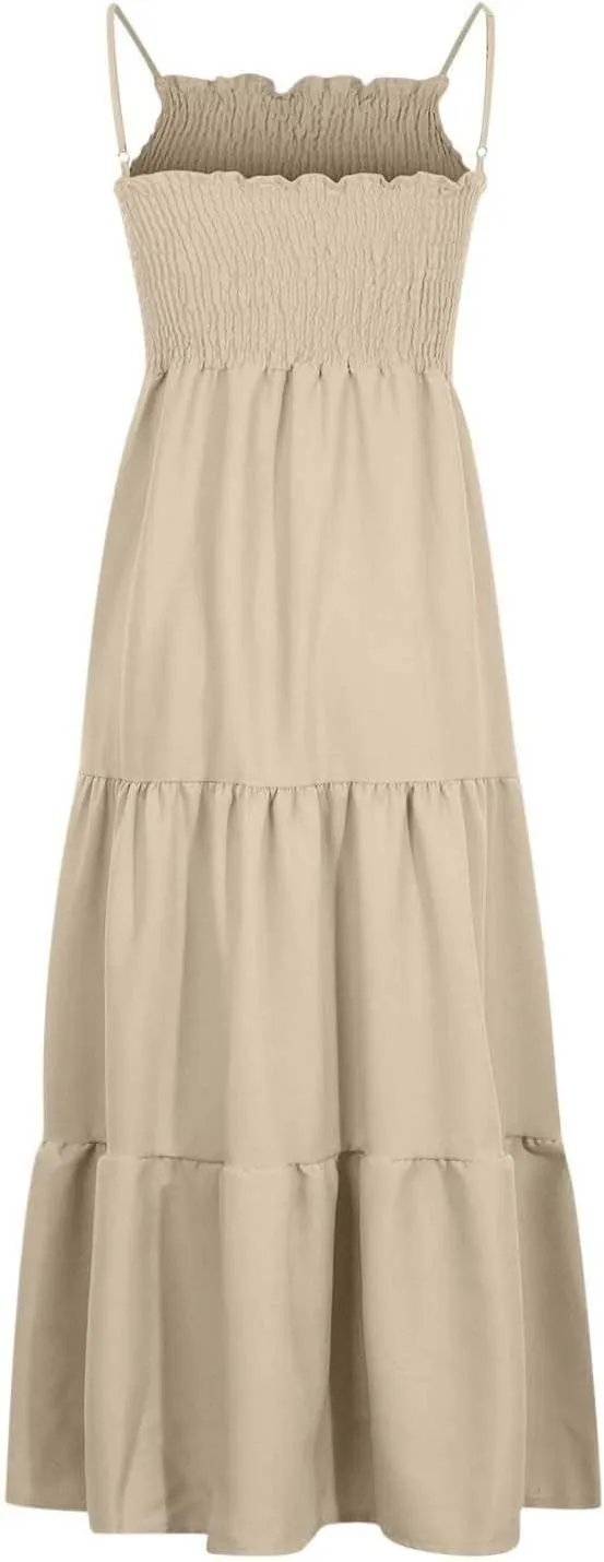 Women's Spaghetti Strap Corset A Line Tiered Swing Long Sundress Bohemian Summer Spring Dress, S-3XL