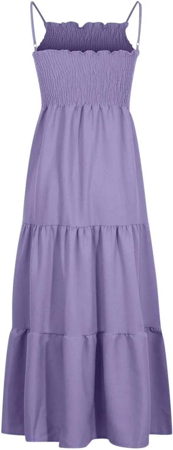 Women's Spaghetti Strap Corset A Line Tiered Swing Long Sundress Bohemian Summer Spring Dress, S-3XL