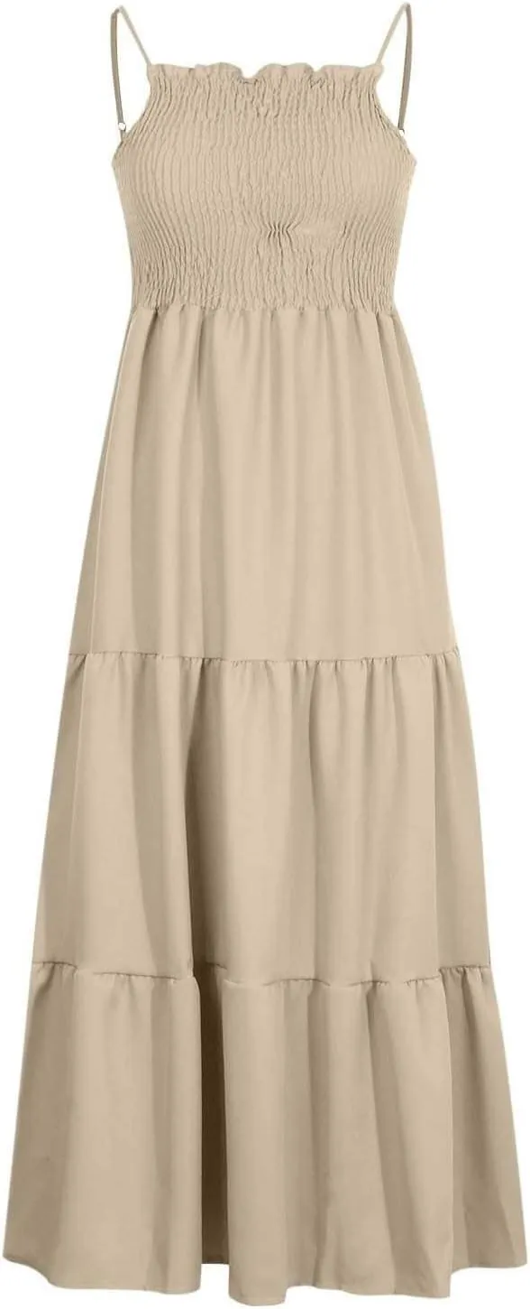 Women's Spaghetti Strap Corset A Line Tiered Swing Long Sundress Bohemian Summer Spring Dress, S-3XL